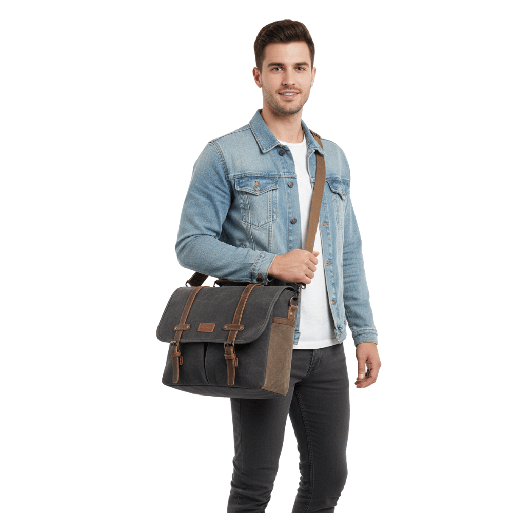 Maletín Araucanía Gris | Yute Impermeable + Cuero Natural | Para Notebook 16