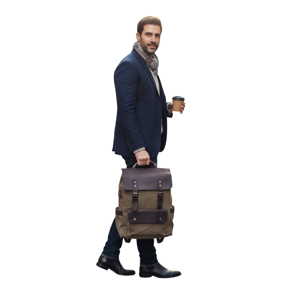 Mochila Verde Militar de Lona y Cuero Real | Resistente, Elegante y Funcional