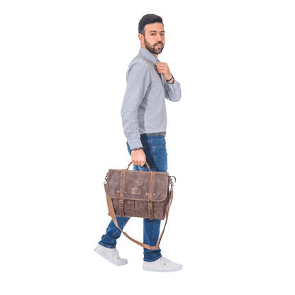 Maletín Araucanía CAFE | Yute Impermeable + Cuero Natural | Para Notebook 16