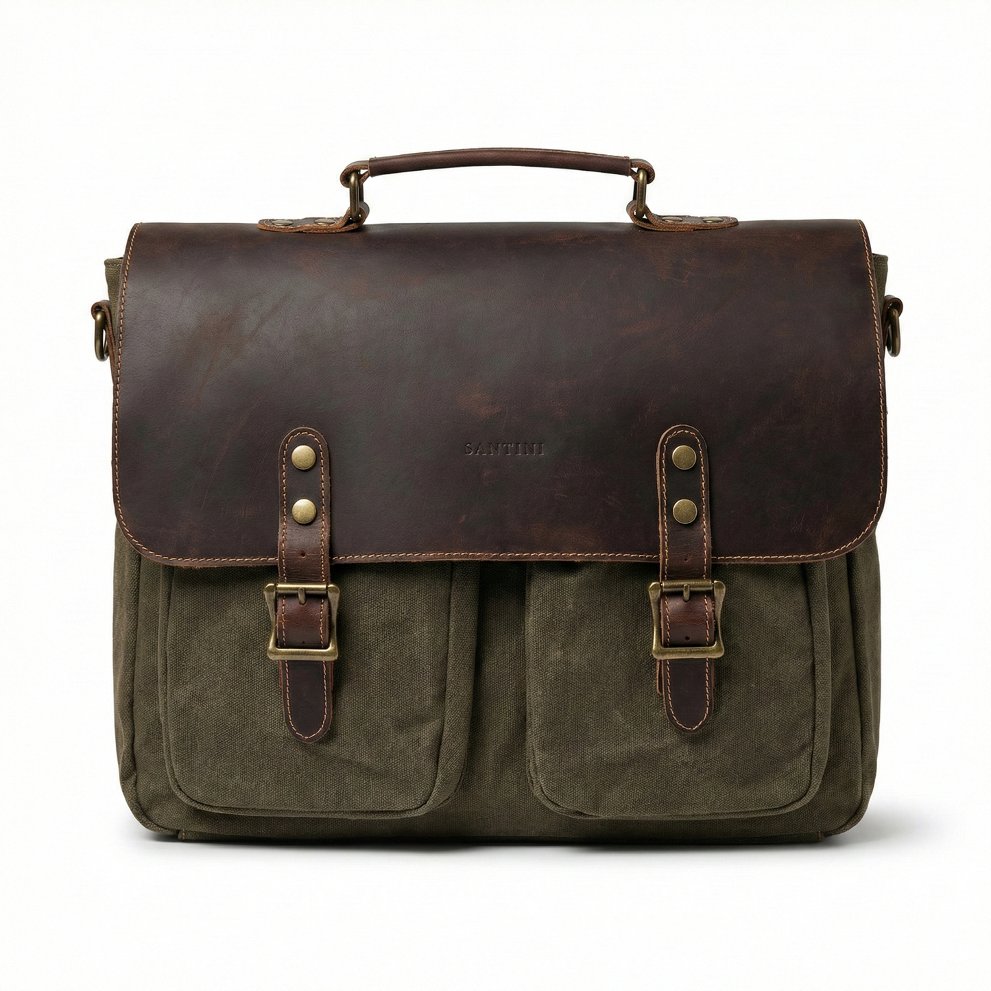 Maletín República Verde Militar – Cuero Natural | 40×27×10 cm | Correa Ajustable | SANTINI