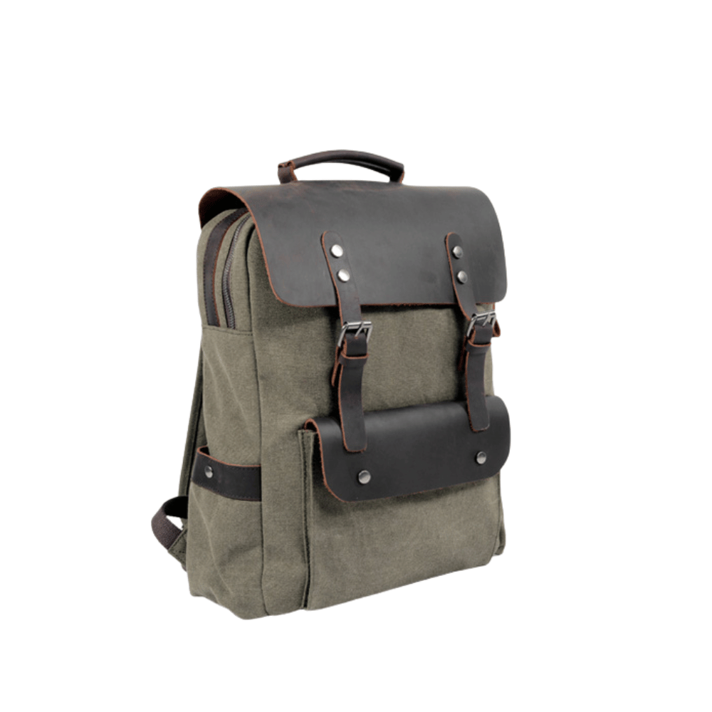 Mochila Verde Militar de Lona y Cuero Real | Resistente, Elegante y Funcional