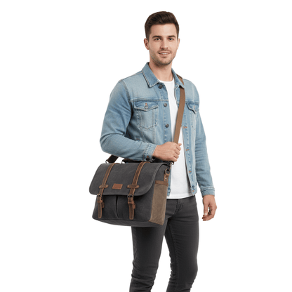 Maletín Araucanía Gris | Yute Impermeable + Cuero Natural | Para Notebook 16