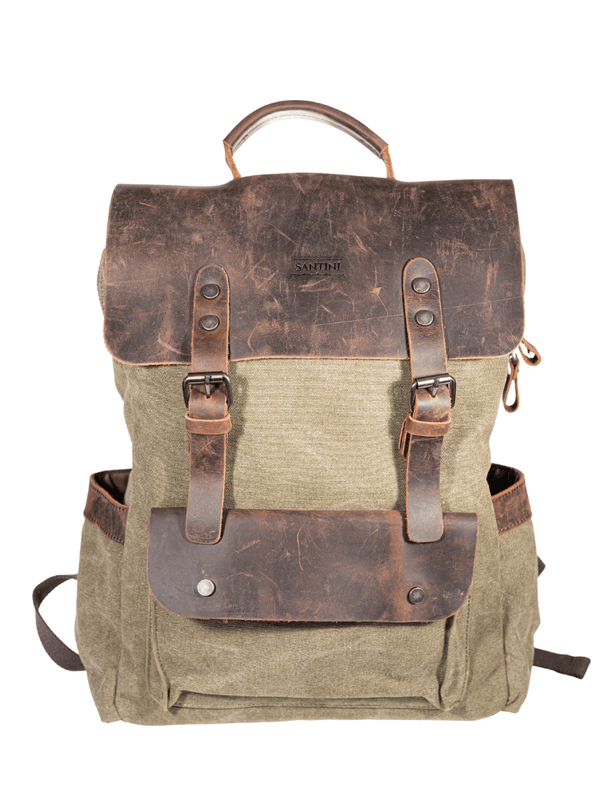 Mochila Verde Militar – Lona y Cuero Real | Resistente, Elegante y Funcional | SANTINI