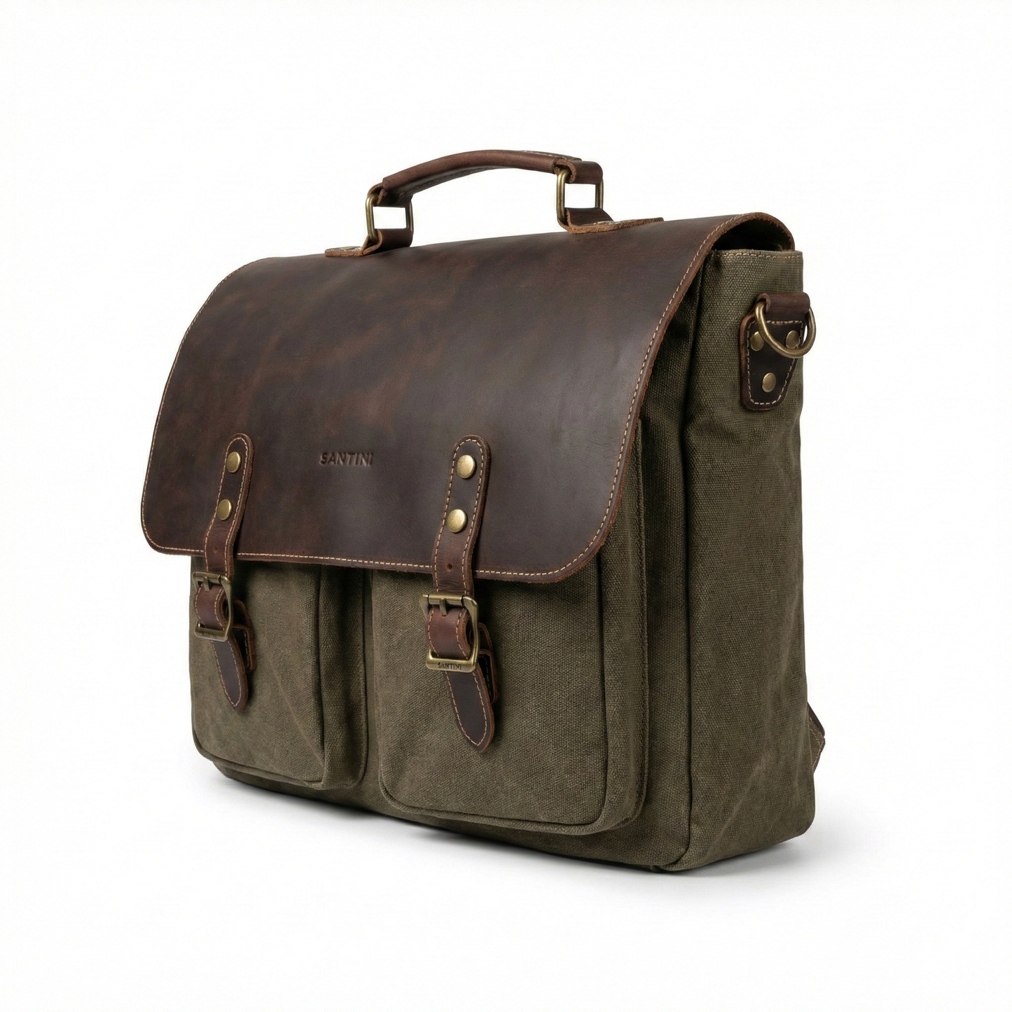 Maletín República Verde Militar – Cuero Natural | 40×27×10 cm | Correa Ajustable | SANTINI