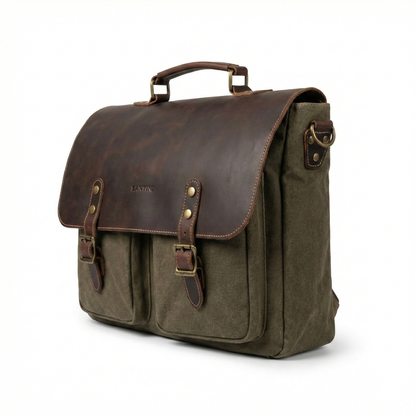 Maletín República Verde Militar – Cuero Natural | 40×27×10 cm | Correa Ajustable | SANTINI