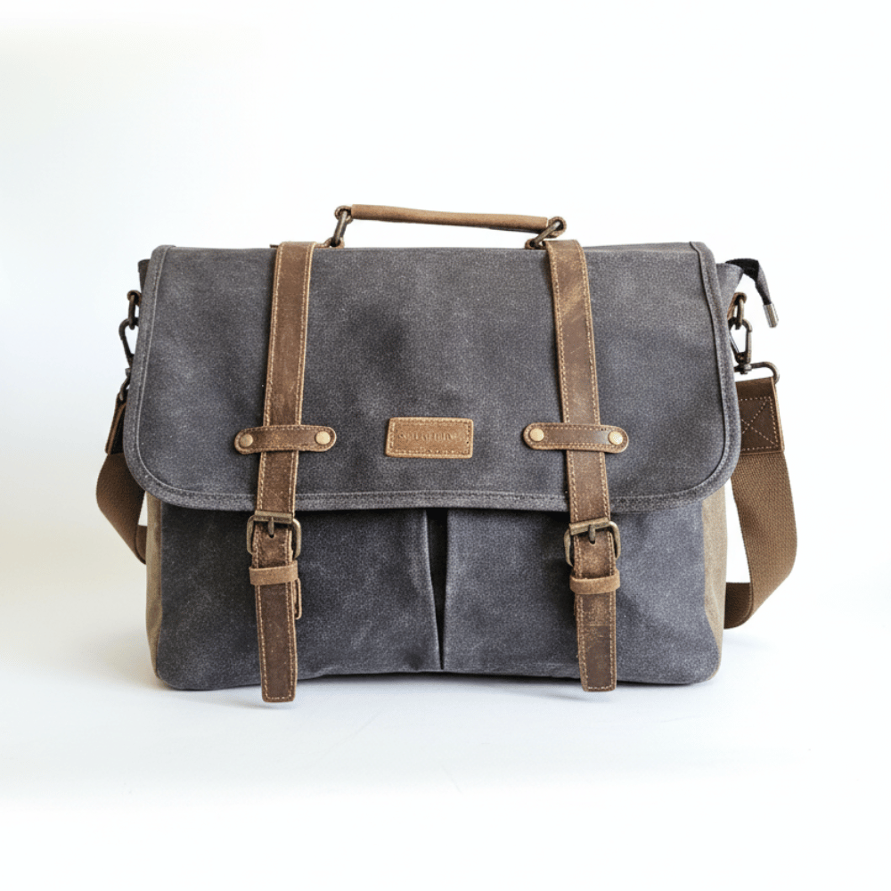 Maletín Araucanía Gris | Yute Impermeable + Cuero Natural | Para Notebook 16