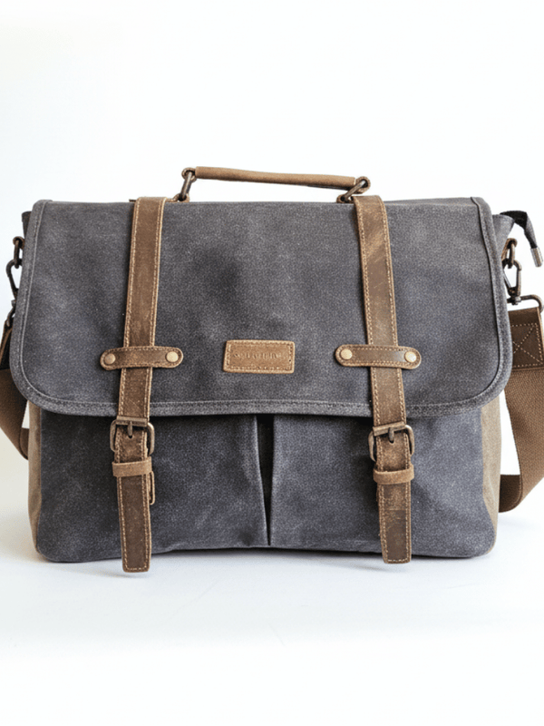 Maletín Araucanía Gris – Yute Impermeable y Cuero Natural | Notebook 16" | SANTINI