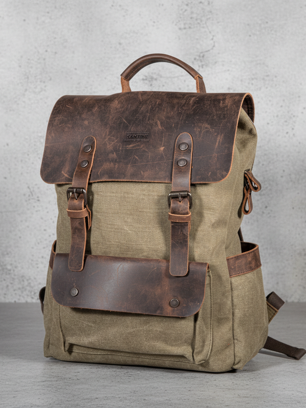 Mochila Verde Militar – Lona y Cuero Real | Resistente, Elegante y Funcional | SANTINI